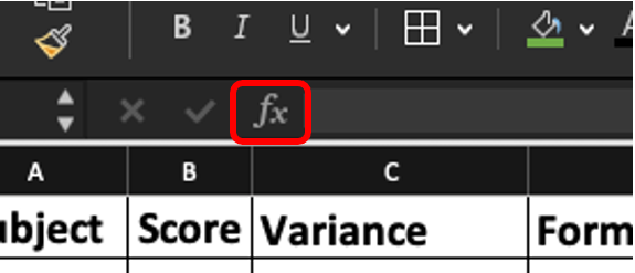 Screenshot showing where the insert function button is in Excel