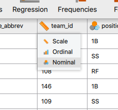 Screenshot from JASP software showing how to switch data types.