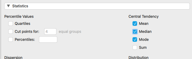 Screenshot from JASP depicting the selection of more summary statistic options