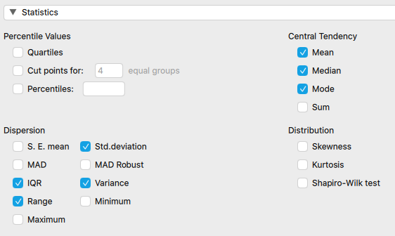 Screenshot of the JASP variation measures selection