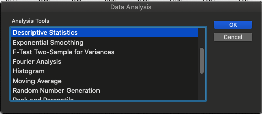 Screenshot of the Excel Data Analysis Toolpak statistical analysis options with Descriptive Statistics highlighted