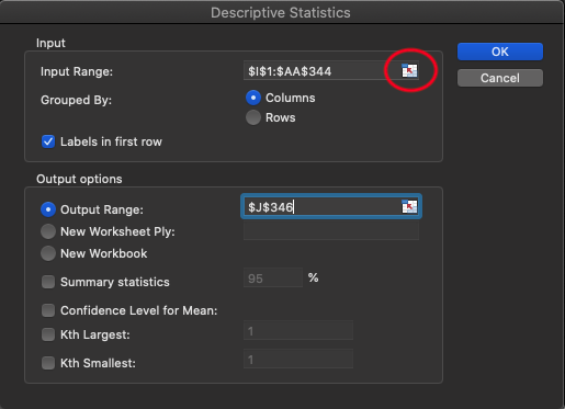 Screenshot of the Excel Data Analysis Toolpak options after selecting descriptive statistics