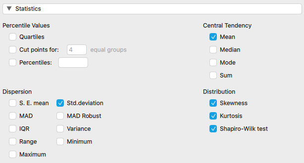 Screenshot from JASP depicting options for normality testing.