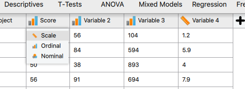 Screenshot from JASP showing data types incorrectly described