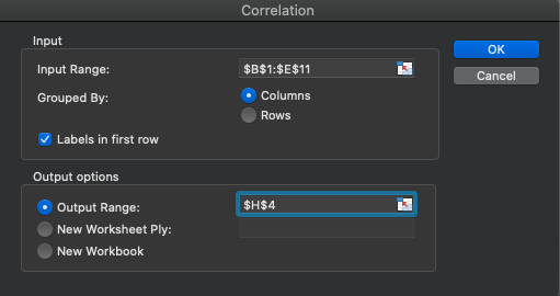 Screenshot of the Correlation input options in MS Excel