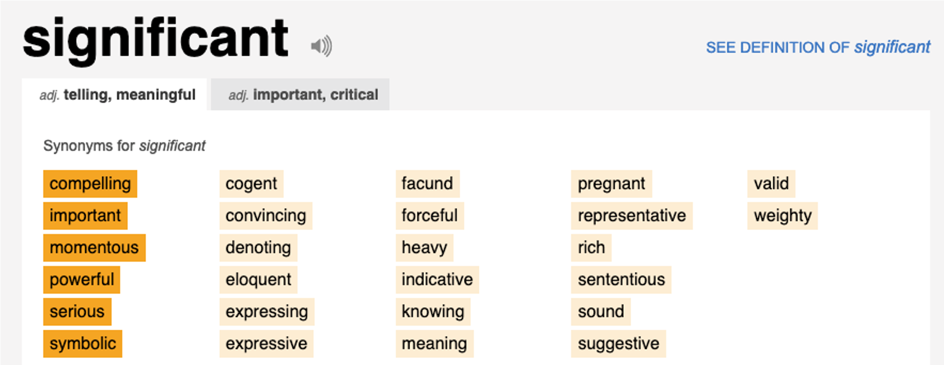 Screenshot from Thesaurus.com showng synonyms of the word significant