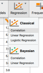 Screenshot from JASP showing the correlation test selection