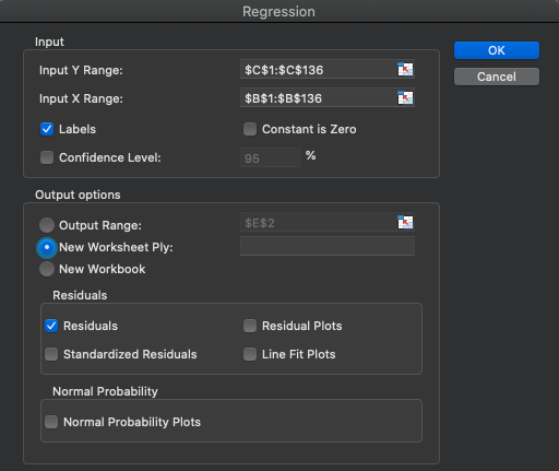 Screenshot from the Regression menu in MS Excel