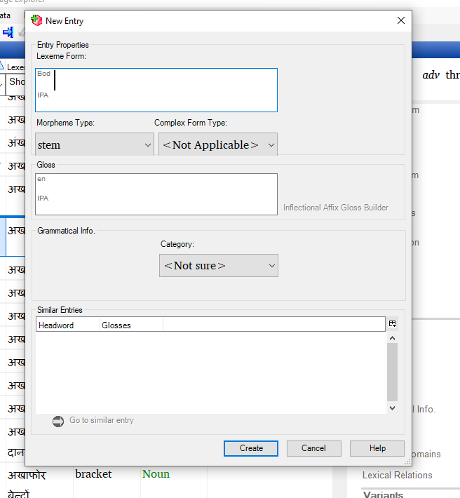 In addition to the basic function of adding new lexemes, FLEx allows you to add various senses of a lexeme, allomorphs, notes on pronunciation, and additional notes.