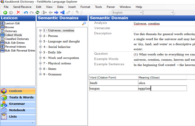 The semantic domains provided here can be used to prompt rapid collection and recall of lexemes.