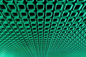 A wall of green hollow cubes descend toward a focal point at the bottom of the image.